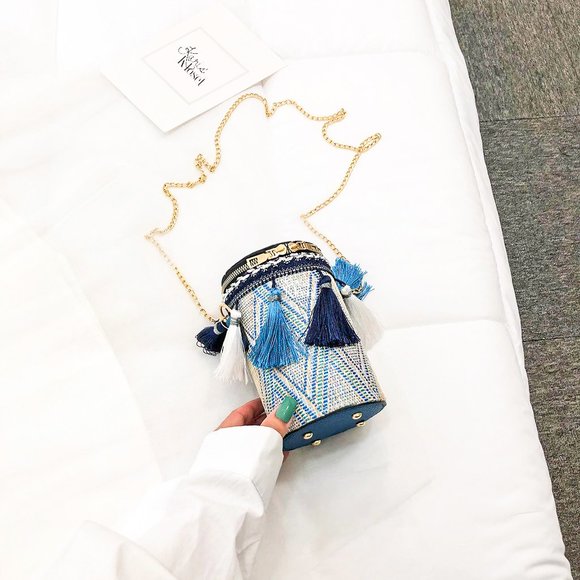 Staycation Blue Tassle cylinder bucket bag purse - Picture 3 of 7